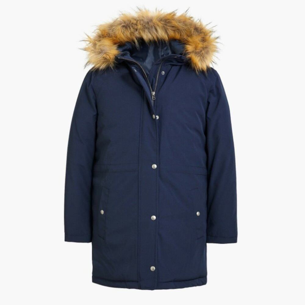NWOT J Crew Faux Fur Trim Winter Parka Oversized Coat Navy Tan